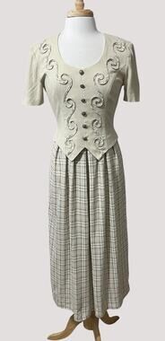 Jessica Howard Midi Dress 90s Beige Plaid Mock Vest Tie Back Cottagecore sz 6